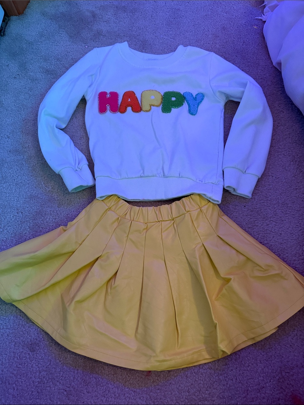Lola + The Boys White 'Happy' Sweatshirt with Yellow Skirt